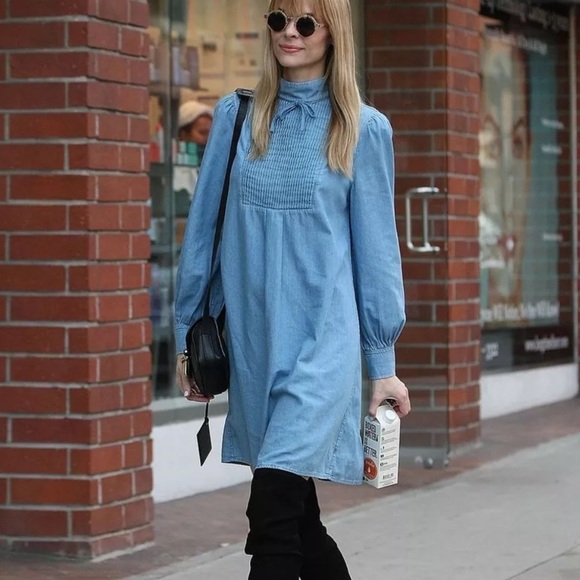 knee length dresses for ladies AG Jeans x Alexa Chung Denim Mini Dress Blue Stretch Cotton Size Extra –  Celebrity Owned main image 1